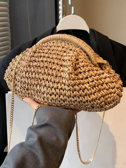 Women's Elegant Straw Bag, Fashionable Straw Crossbody Bag with Chain Strap, Casual Versatile Shoulder Bag for Daily Used, Crossbody Shoulder Purse
