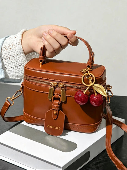Valentine's Day gift Retro minimalist makeup box, Casual commuter bag, Casual zipper purse, suitable for handheld and italic use, cherry pendant, style, niche design handbag, suitable for daily commuting, shopping
