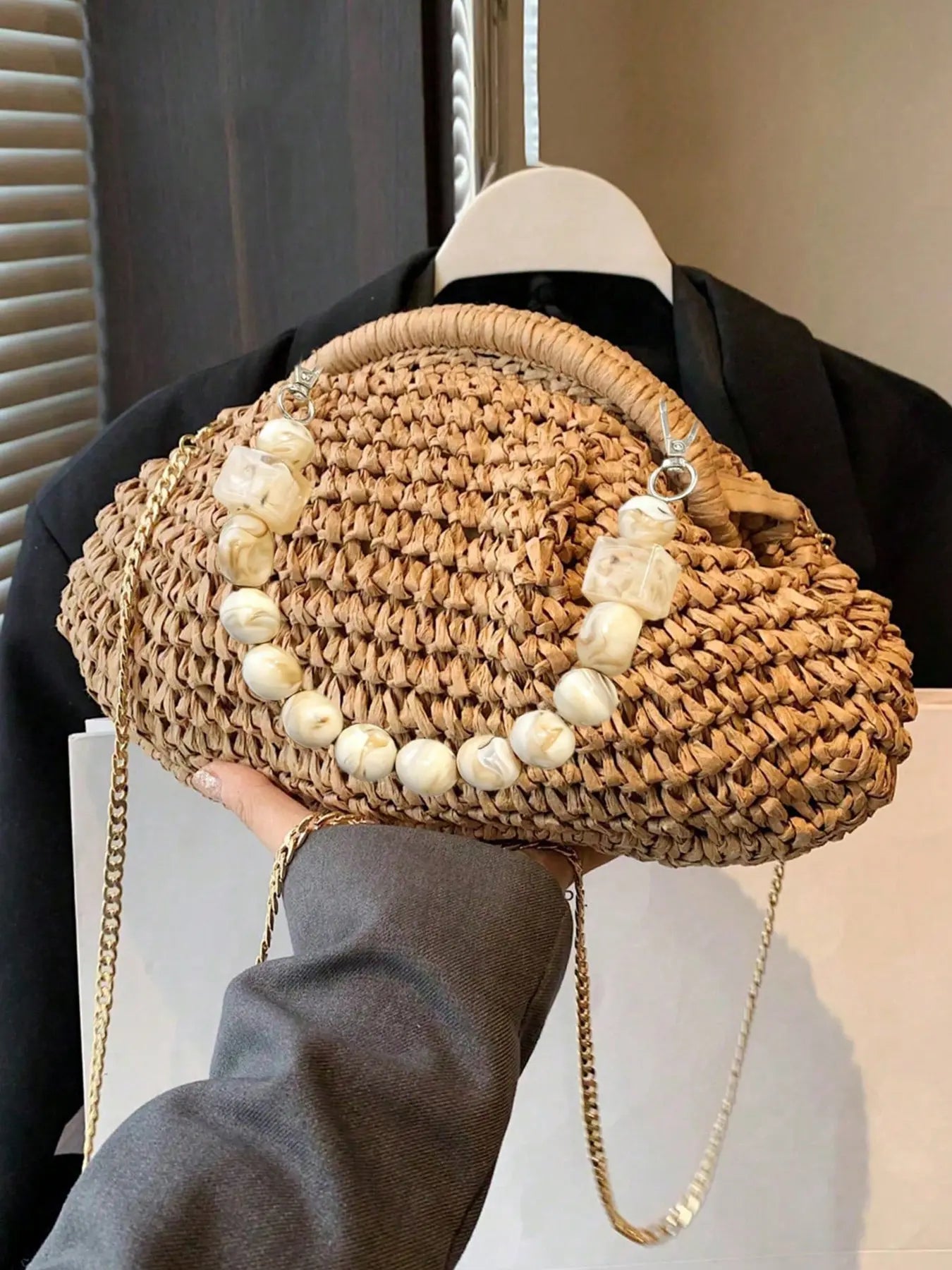 Women's Elegant Straw Bag, Fashionable Straw Crossbody Bag with Chain Strap, Casual Versatile Shoulder Bag for Daily Used, Crossbody Shoulder Purse