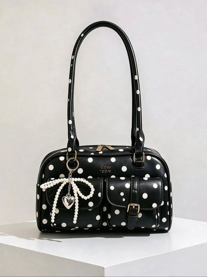 Retro style double pocket handbag, fashionable underarm shoulder bag with pendant, simple and versatile single shoulder baguette bag, niche design suitable for college students, office workers daily commuting, etc.