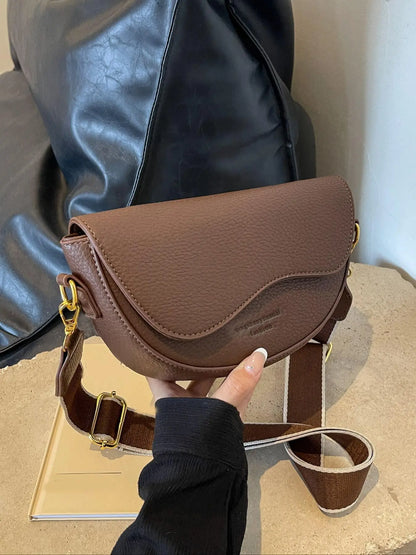 Women's Retro Solid Color Saddle Bag, Wide Shoulder Strap Messenger Bag, Fashionable Classic Popular Shoulder Bag, Crossbody Shoulder Bag, Everyday Crossbody Bag, Suitable for Daily Outing