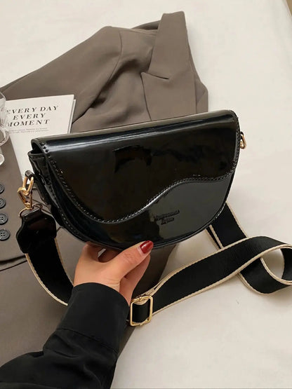 Women's Retro Solid Color Saddle Bag, Wide Shoulder Strap Messenger Bag, Fashionable Classic Popular Shoulder Bag, Crossbody Shoulder Bag, Everyday Crossbody Bag, Suitable for Daily Outing