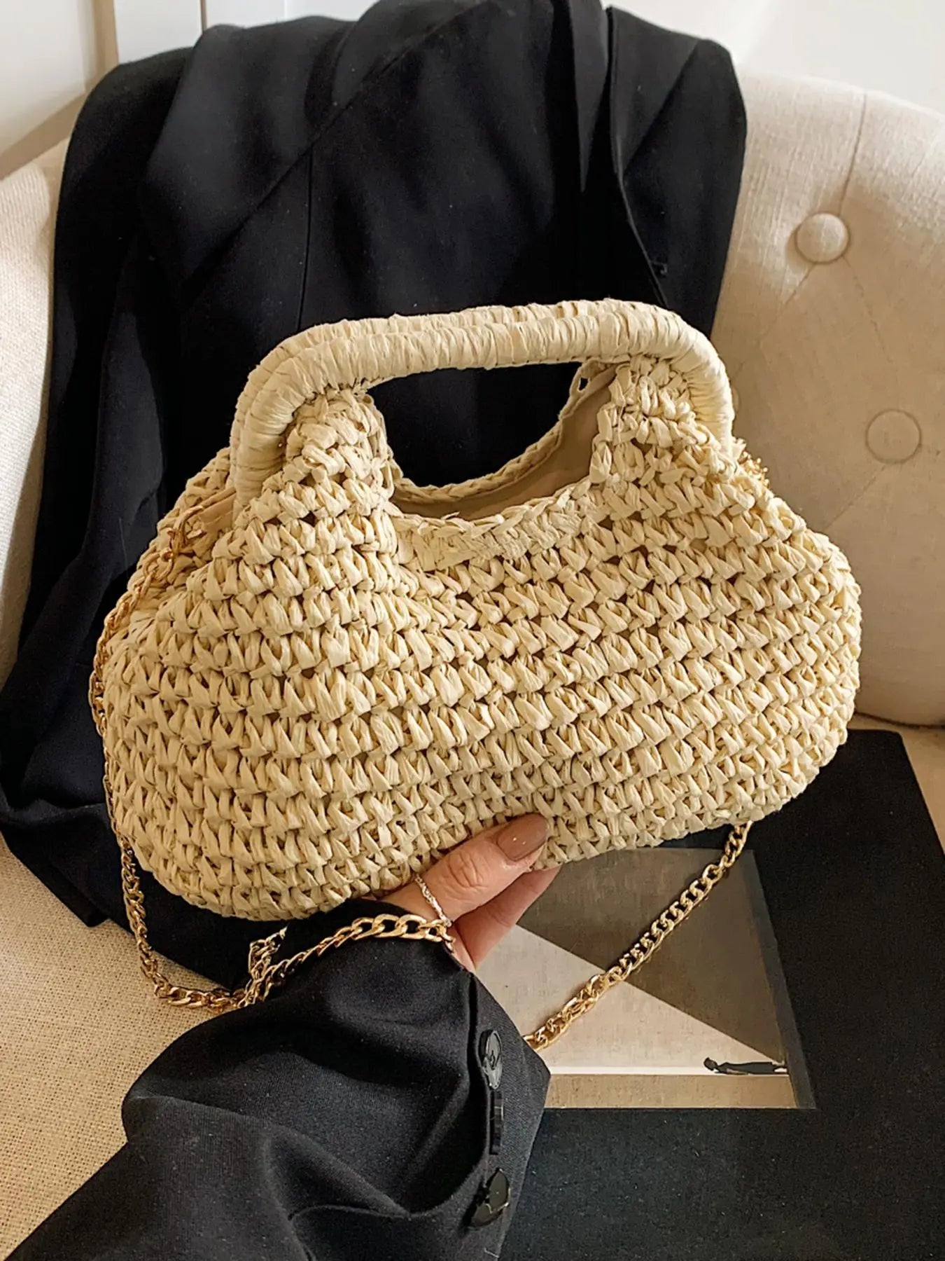 Women's Elegant Straw Bag, Fashionable Straw Crossbody Bag with Chain Strap, Casual Versatile Shoulder Bag for Daily Used, Crossbody Shoulder Purse