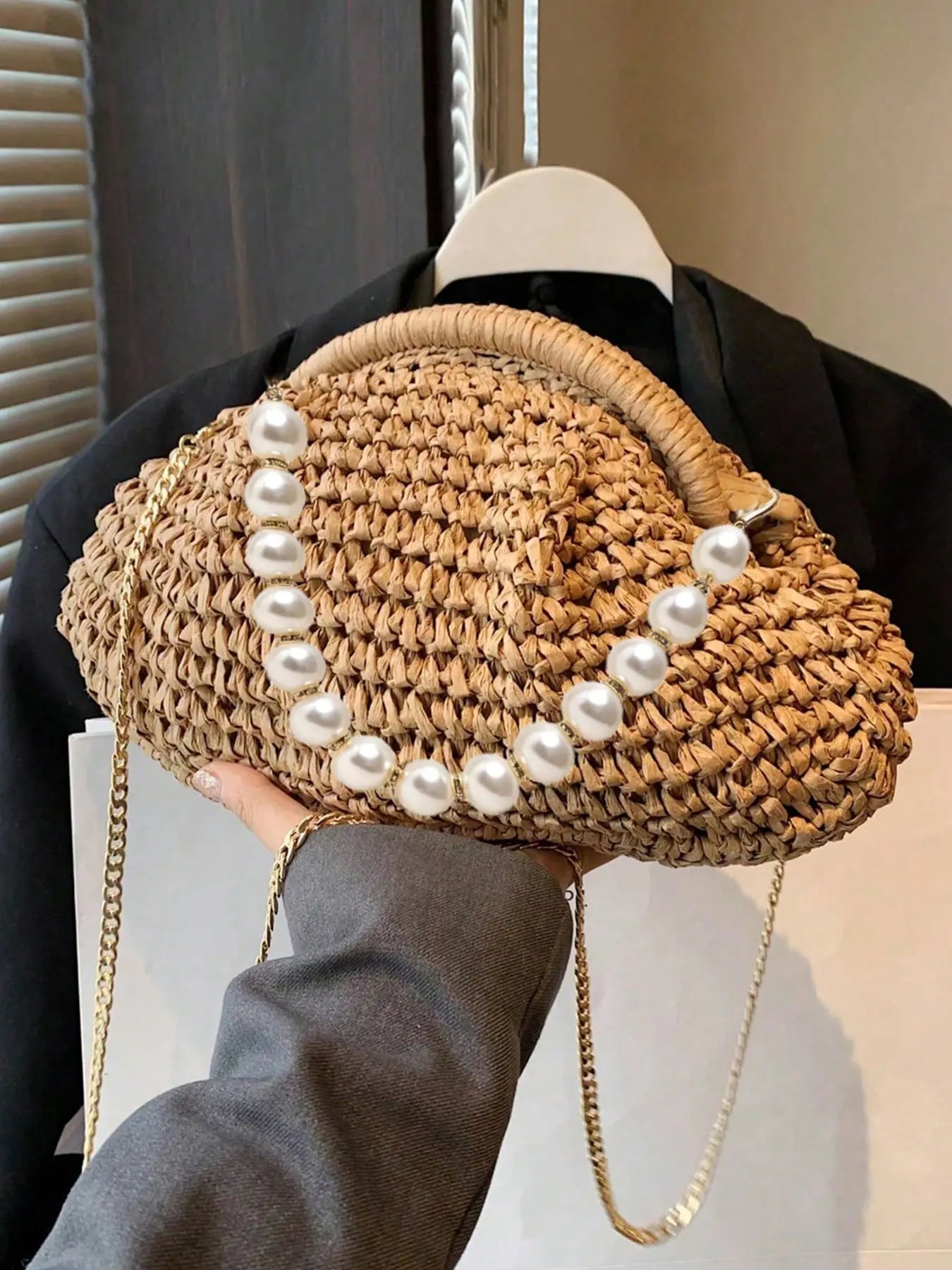 Women's Elegant Straw Bag, Fashionable Straw Crossbody Bag with Chain Strap, Casual Versatile Shoulder Bag for Daily Used, Crossbody Shoulder Purse