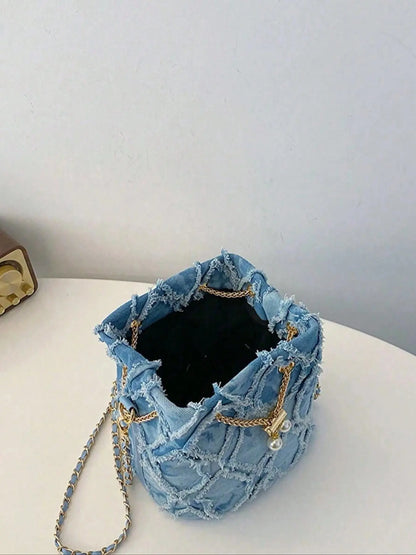 Women's Elegant Faux Pearl Decorated Crossbody Shoulder Bag, Exquisite Trendy Metal Drawstring Crossbody Bag, Fashionable Bag for Daily Use
